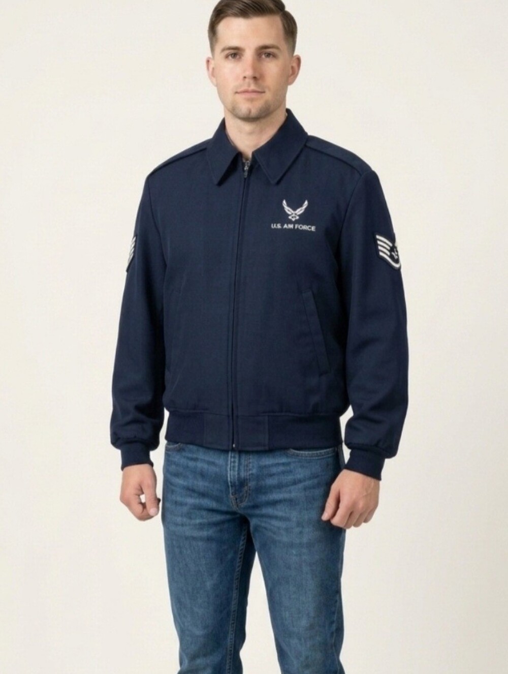 US Air Force Bomber Jacket Wings Collection Navy Blue Removable Liner Men's 40R